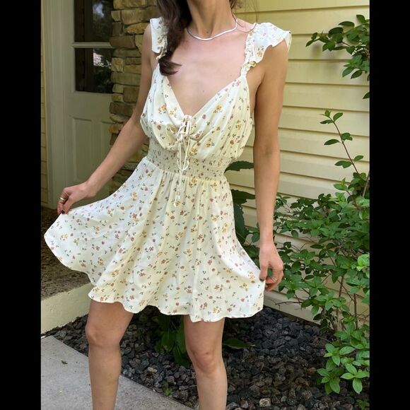 Reformation cream w/brown floral pattern brand new mini dress, elastic waist, 10 - Picture 1 of 12
